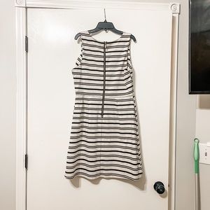 Maurice’s size large dress. Light greige with black stripes and a gold zipper.